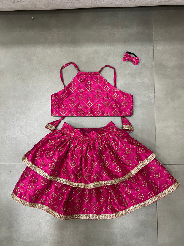 Hot pink embroidered lehenga choli with bow For Dogs