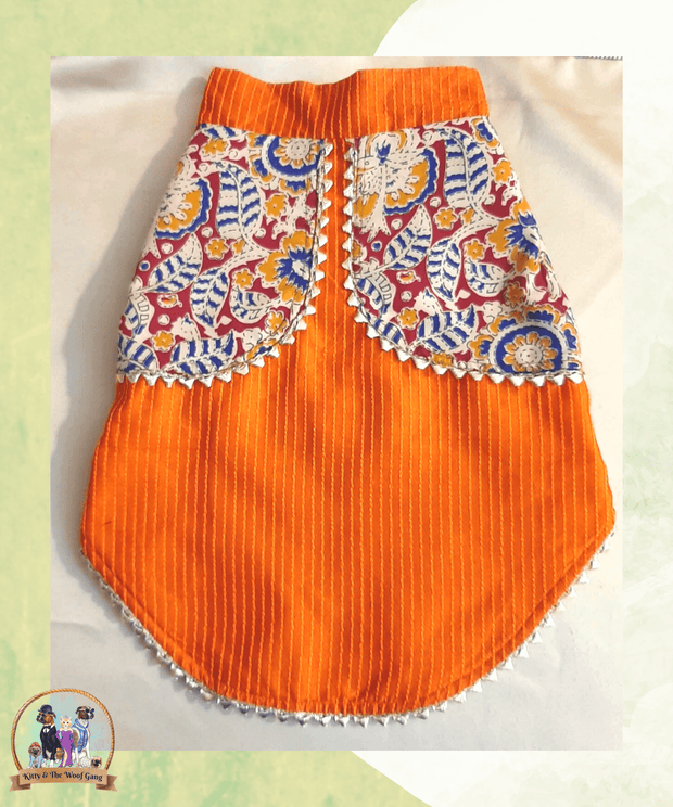 Orange Strips with Kalamkari Print Festive Dress/ Frock For Dogs