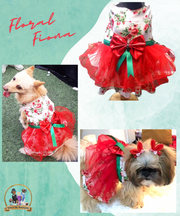 White Floral With Red Net Embellished Frock for Dogs