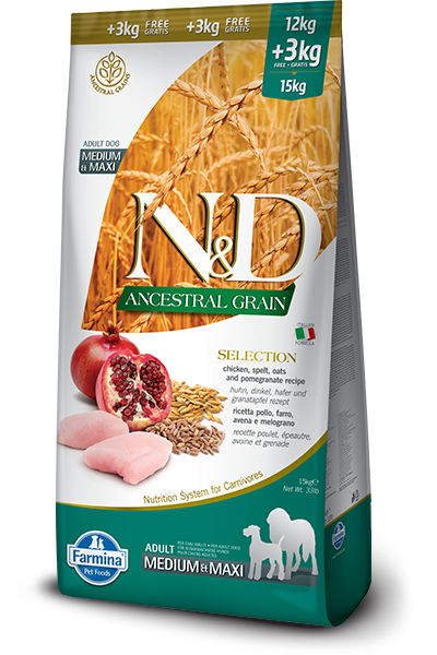 N&D Ancestral Grain Selection Adult Med & Maxi Breed Dog Food (12+3 kg)