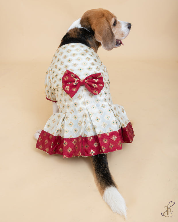White & Red Box Pleated Dress With Puffed Sleeve & Bow For Dogs