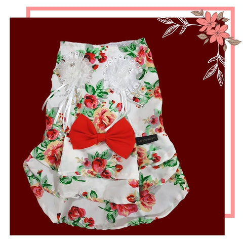 White with Red Floral Print Embellished Frock for Dogs