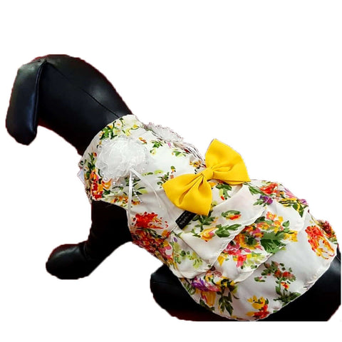 Embellished White With Yellow Bow Frock For Dogs