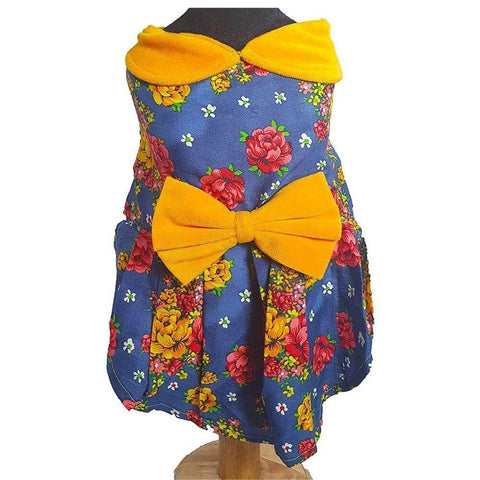 Blue With Multicolor Floral PartyWear Frock for Dogs
