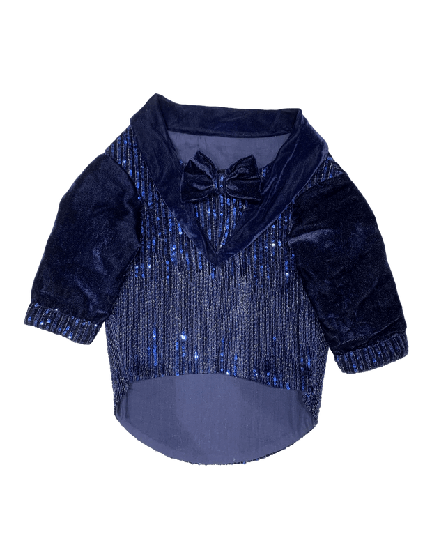 Blue Shawl Collar Sequin Tuxedo With A Bow For Dogs